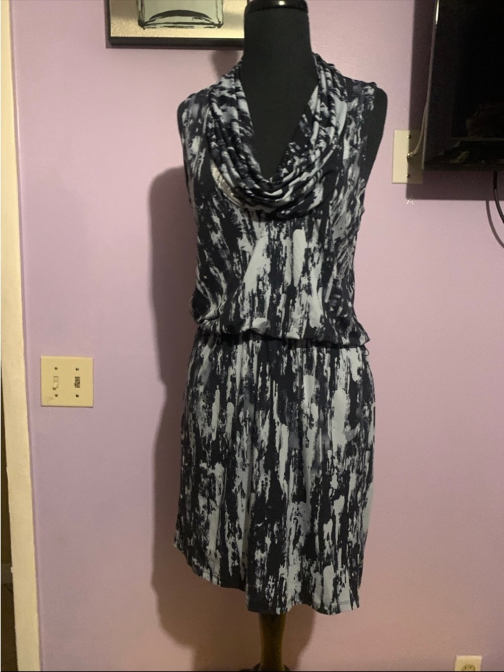 MICHAEL Michael Kors Black and White Printed Cowl Neck Size S Midi Dress